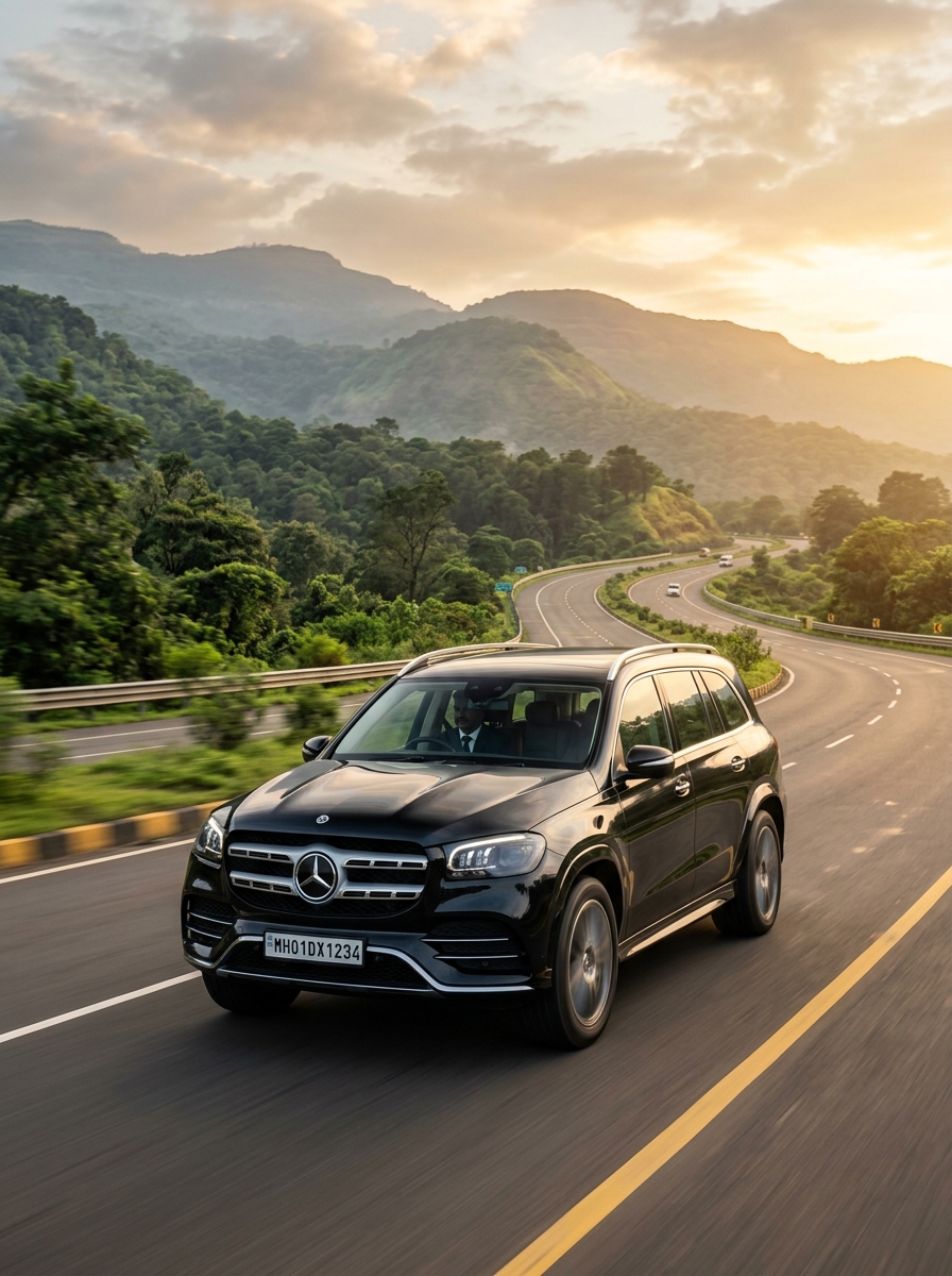 Premium chauffeur-driven SUV on scenic Indian highway